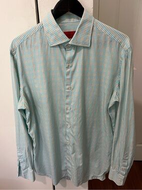 Isaia Mint and White Gingham Dress Shirt